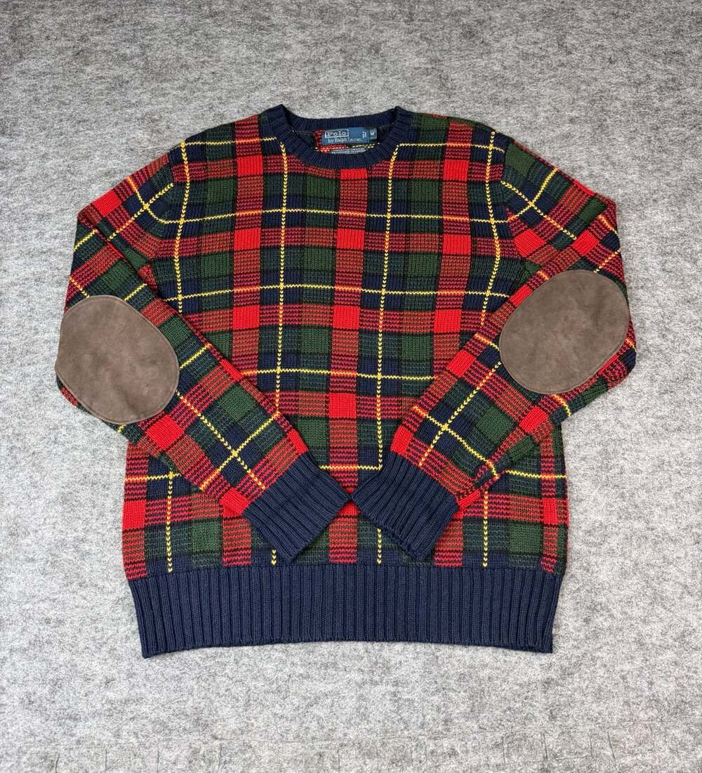 Polo By Ralph Lauren Sweater Size M Plaid Cashmere Blend Elbow Patches